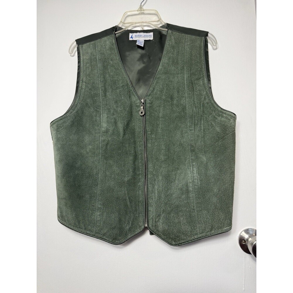 Vintage Marsh Landing Mens Olive Green Suede Leather Zip Up Vest -Large